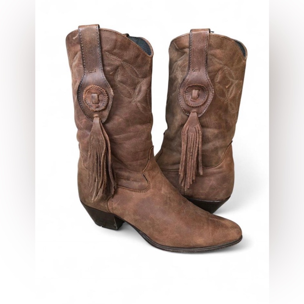 Laredo Women’s Brown Leather Boots Western Cowboy Fringe Tassel Pointed Toe 7.5